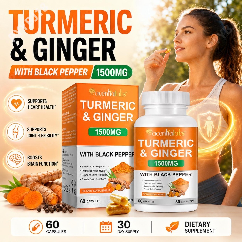 Turmeric Curcumin Capsule - ターメリック＆ジンジャー配合カプセル。オーガニックターメリック由来のクルクミンを配合し、心臓の健康、関節の柔軟性、脳機能をサポート。ブラックペッパー配合。60粒入り。