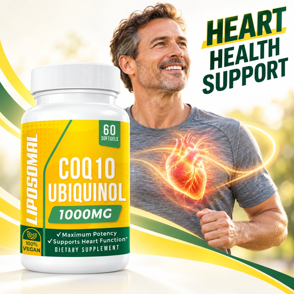 Coq10 Ubiquinol Softgel - CoQ10（ユビキノール）ソフトジェルカプセル。心臓の健康、細胞のエネルギー供給、抗酸化作用をサポート。1000mg、リポソーム技術により吸収率を高め、ビーガン対応。60粒入り。